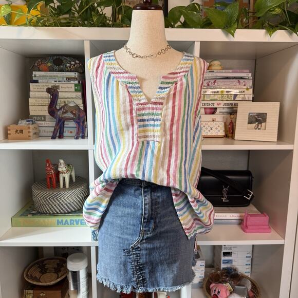 Talbots 100% Linen Rainbow V-neck Smock Tunic Beach Boho Blouse Top Wms X-Large - Picture 2 of 9